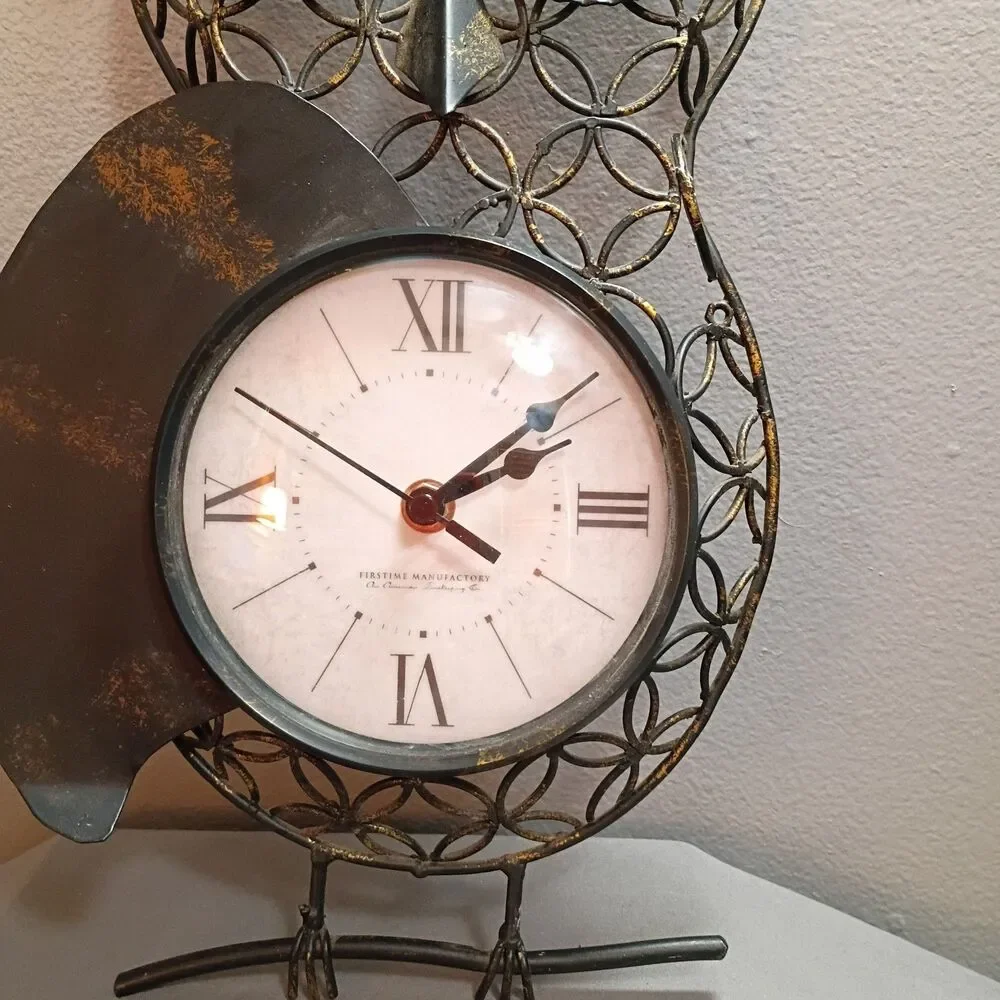 Owl Wall Clock Metal Black with Gold Accents Tested & Working Retro Boho Chic